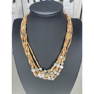 Vintage Multi-Strand Seed Wood Bead Necklace Gray Bead Accent Mini Gold